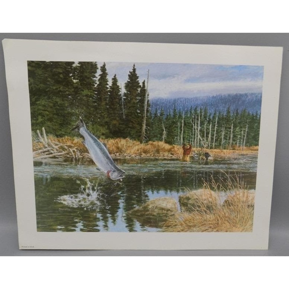 Vintage Tom Beecham Salmon Fishing Wildlife Art Print  11"x14" w/ 1 Inch Border
